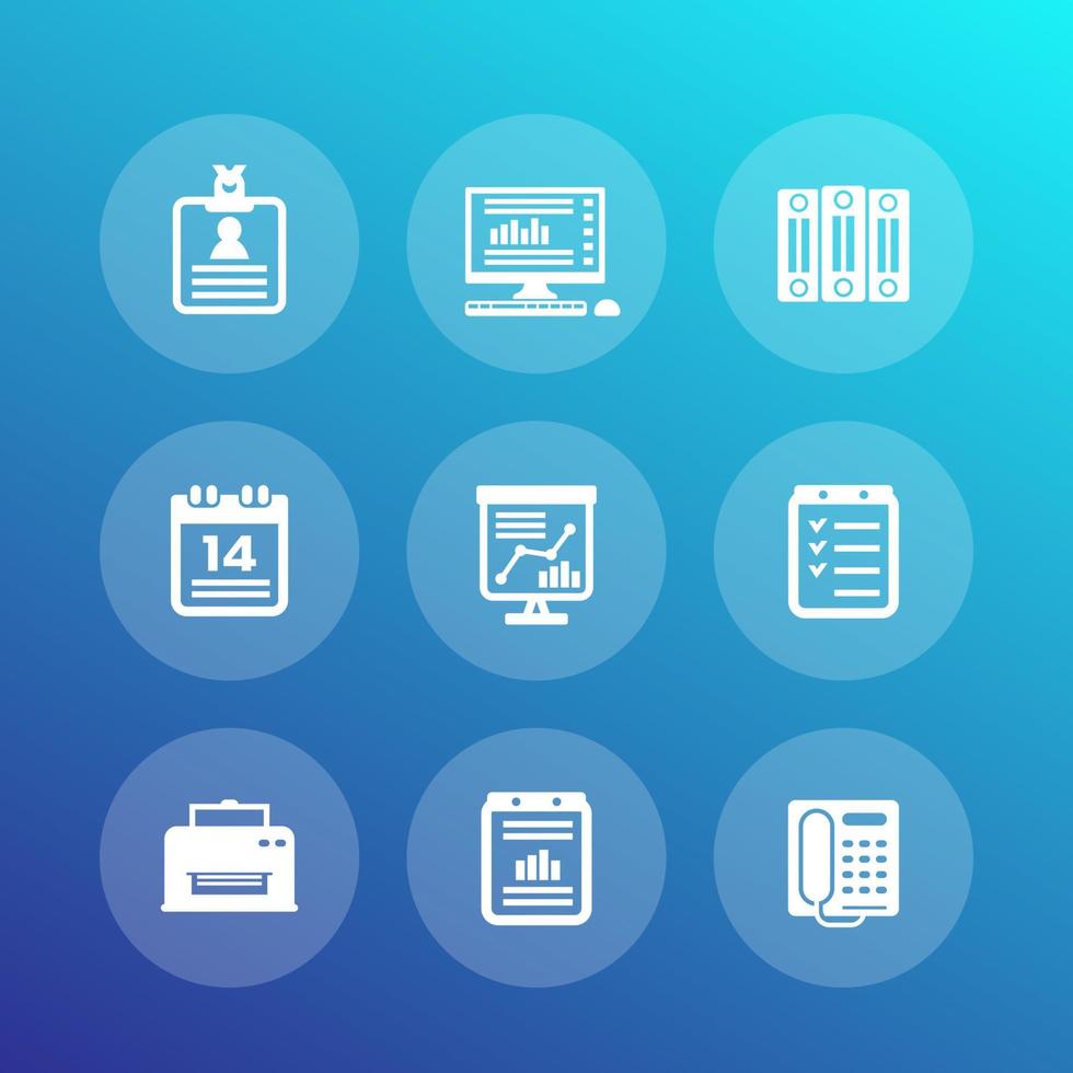 office icons set, documents, folders, schedule, reports, calendar, fax, printer vector