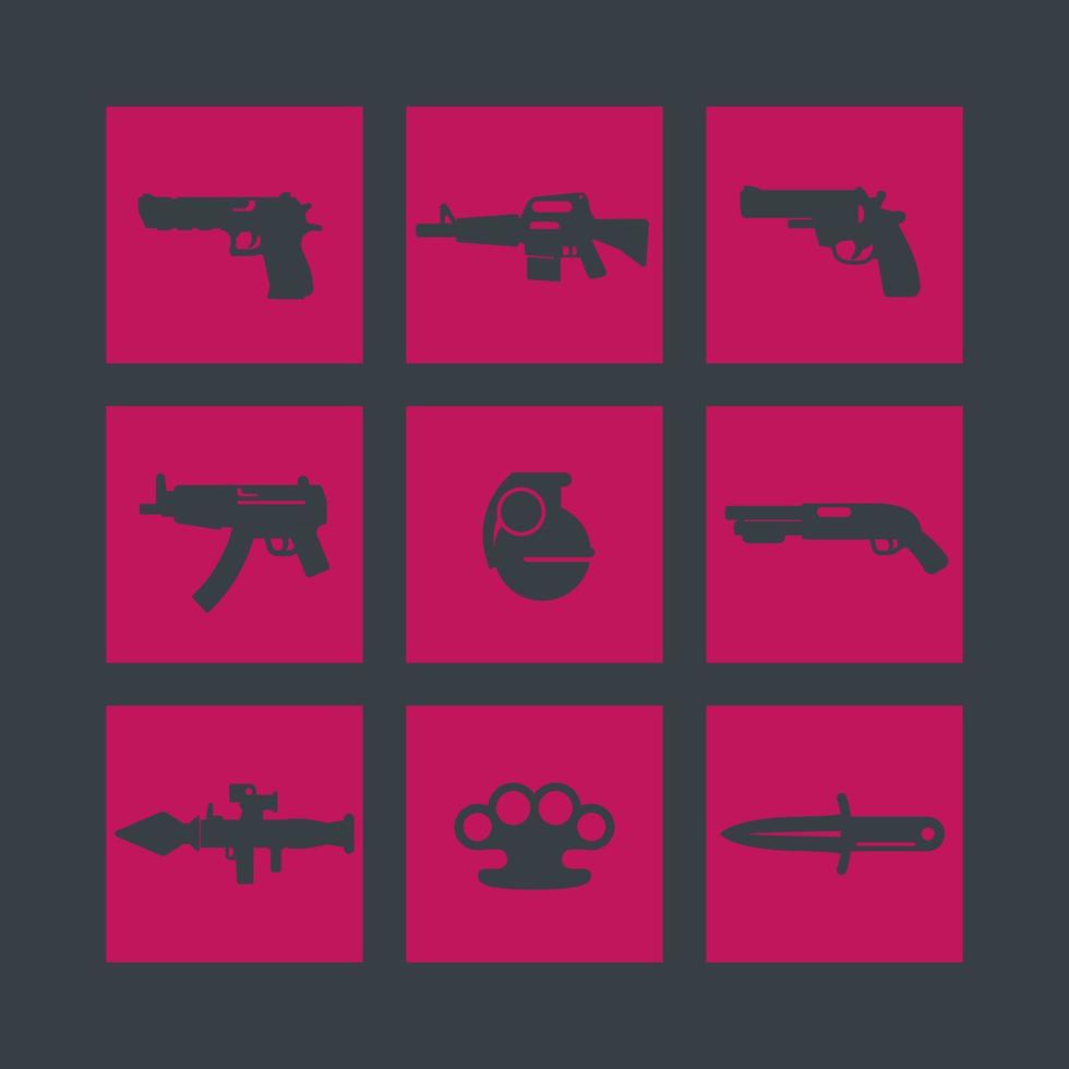 conjunto de iconos de armas, pistola, pistolas, rifle, revólver, escopeta, granada, cuchillo, lanzacohetes, arma de fuego, ilustración vectorial vector