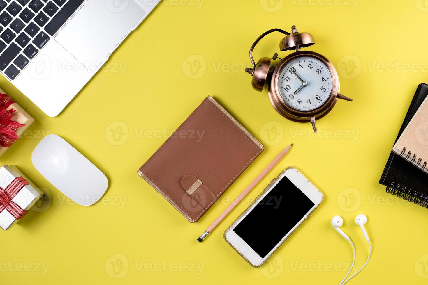 Desk, computer desk with equipment Top view with copy-image area, business concept photo
