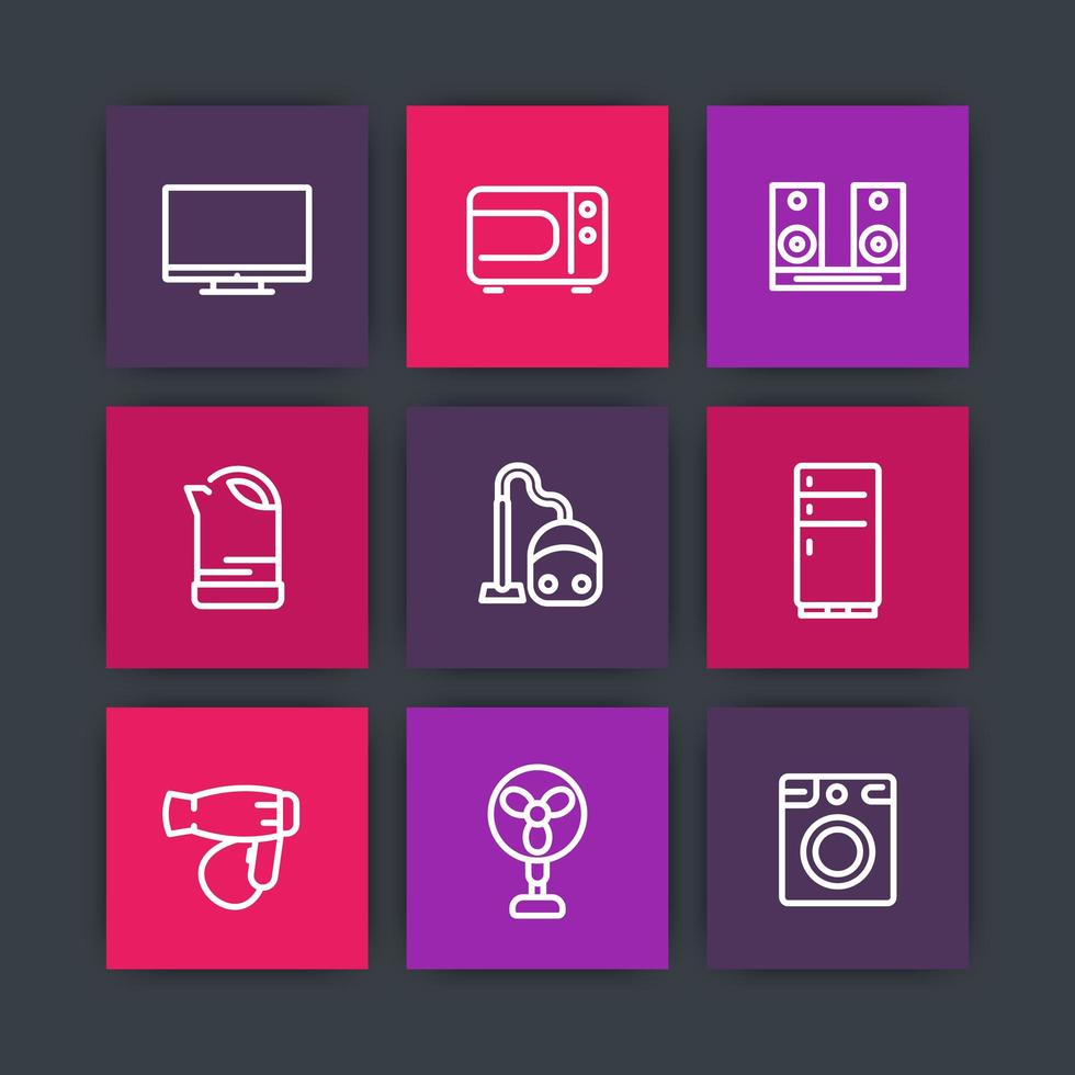 Appliances line icons set, consumer electronics vector pictograms, tv, microwave oven, vacuum cleaner, kettle, hairdryer, fan, fridge, washing machine, vector illustration