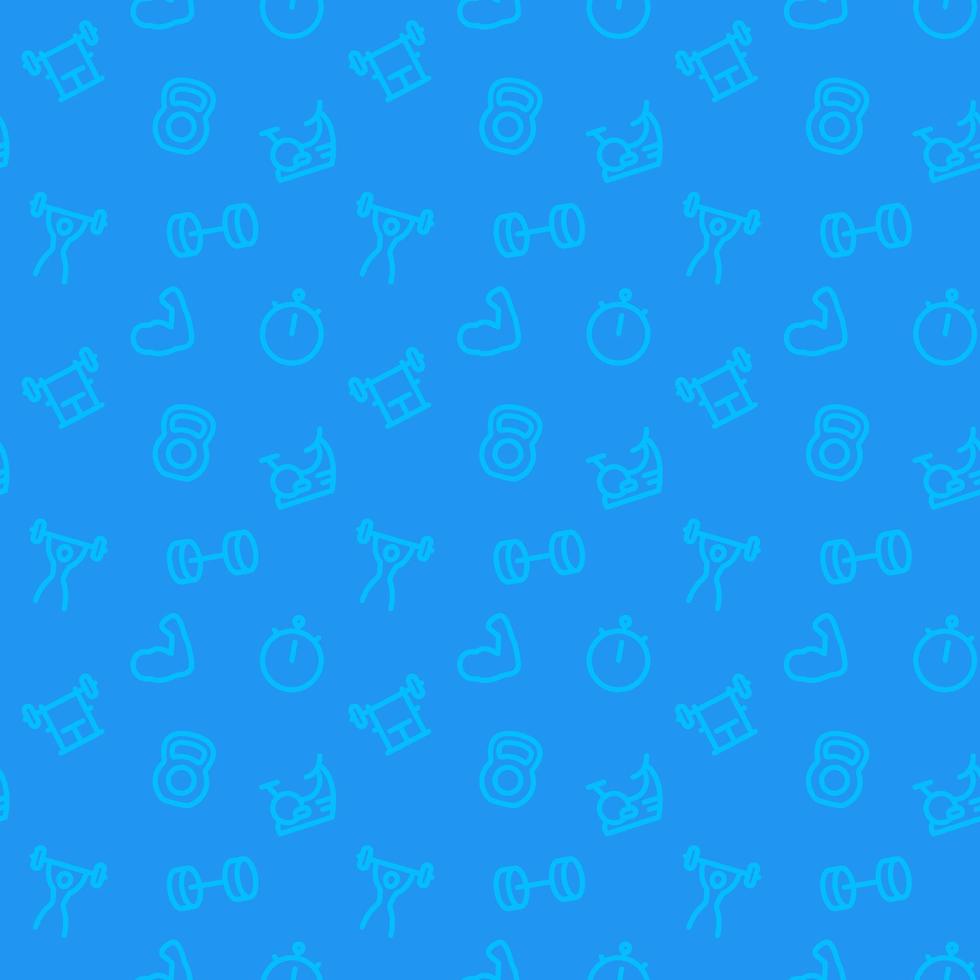 fitness, gym pattern, blue seamless background with line icons, vector illustration
