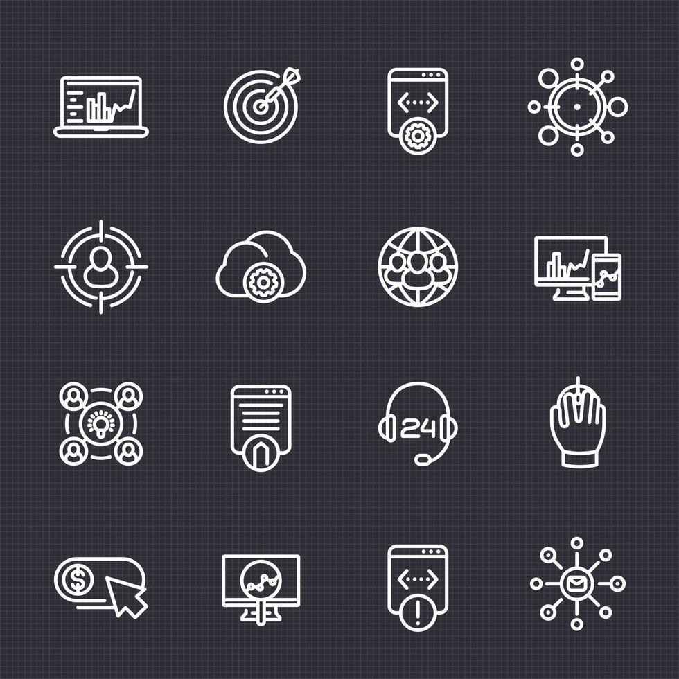 seo icons in linear style, digital marketing, website analysis, indexing vector