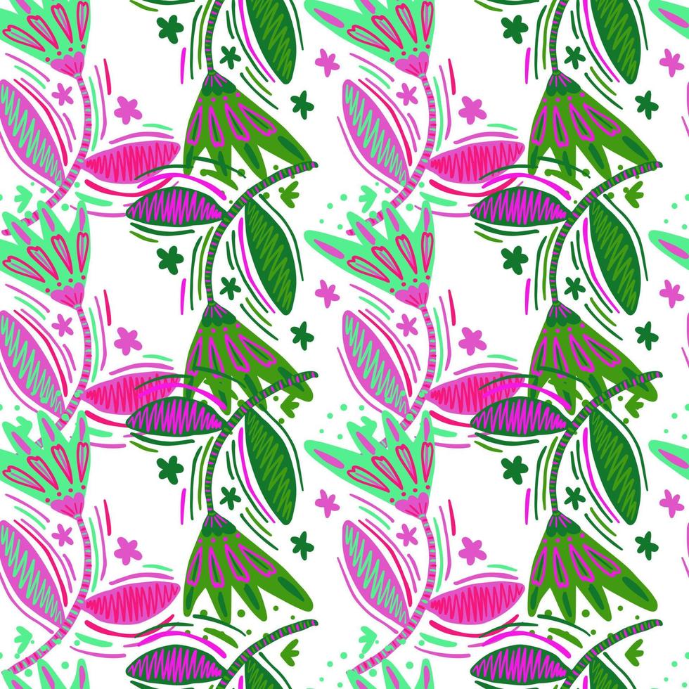 Seamless pattern with flowers and leaves in folk style. Naive art. Abstract floral wallpaper vector