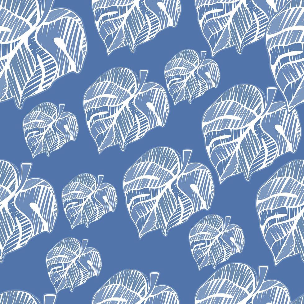 Hand drawn embroidery monstera leaves tropical seamless pattern. Palm leaf endless wallpaper. vector