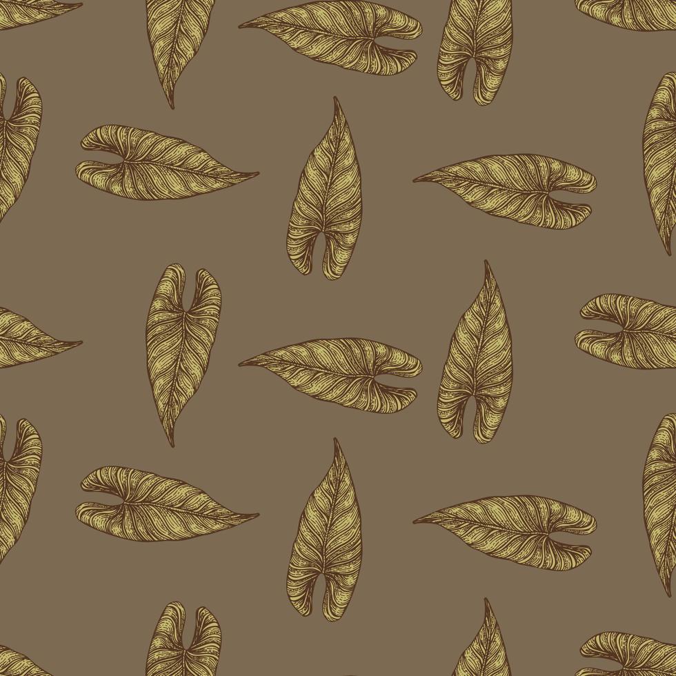 Engraving leaf araceae seamless pattern. Vintage leaves background. vector