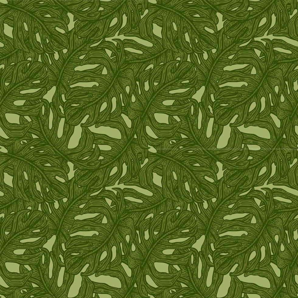 Monstera leaves seamless pattern.Retro tropical branch in engraving style. vector