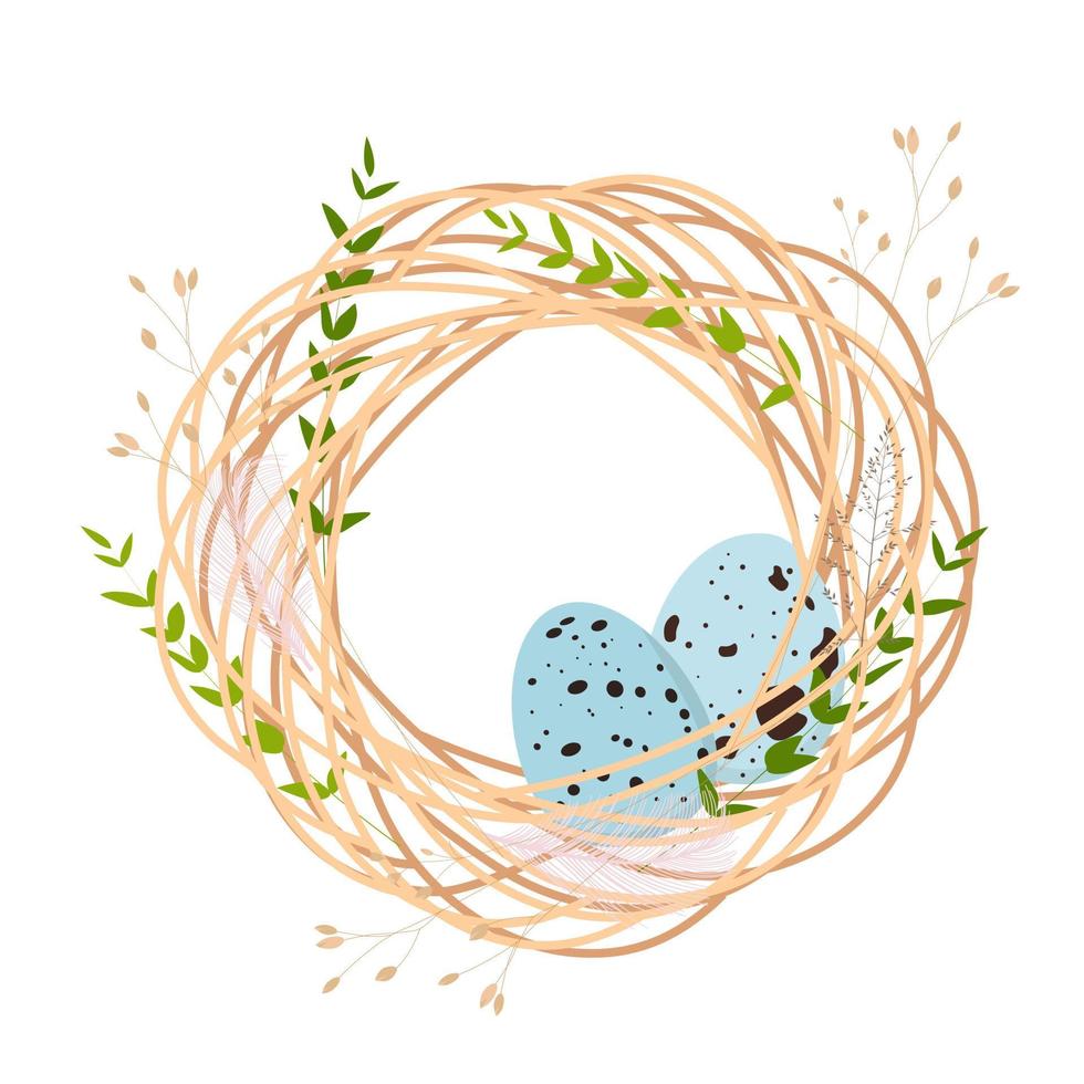 Easter card. Quail nest. Spring background. Frame, wreath with a feather. A blue bird egg. Vector illustration. isolated on a white background.