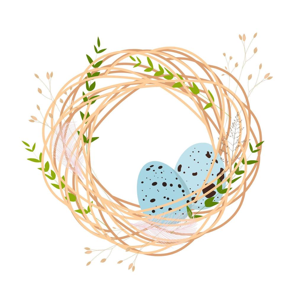 tarjeta de pascua nido de codornices. fondo de primavera. marco, corona con una pluma. un huevo de pájaro azul. ilustración vectorial Aislado en un fondo blanco. vector