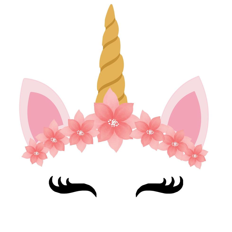 Unicorn logo with horn, ears and flowers. vector