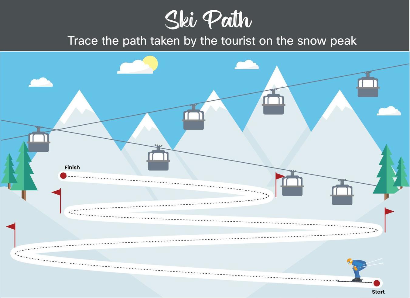 Preschool handwriting worksheet, trace the dotted lines. Vector Illustration worksheet of ski path for kindergarten for fine motor skills. Snow-covered mountain with ski track. Skiing trace red flags.