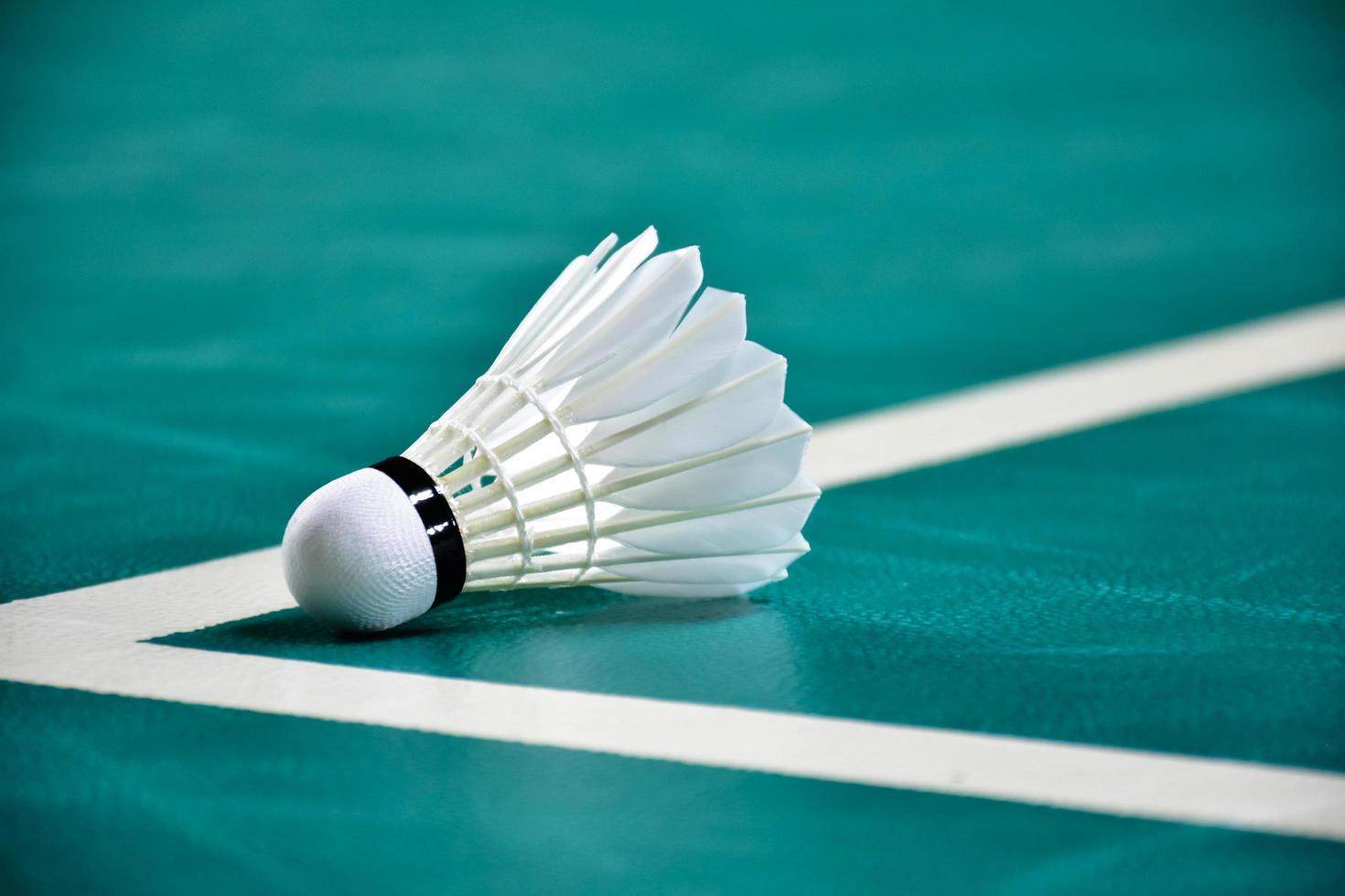 Cream white badminton shuttlecock and racket with neon light shading on green floor in indoor badminton court, blurred badminton background, copy space. photo