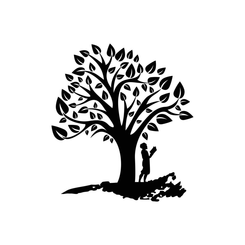 silueta de un niño leyendo un libro debajo de un árbol vector