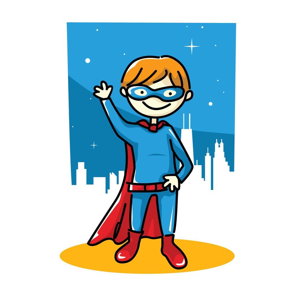ilustración de personaje de niño superhéroe con fondo de ciudad vector