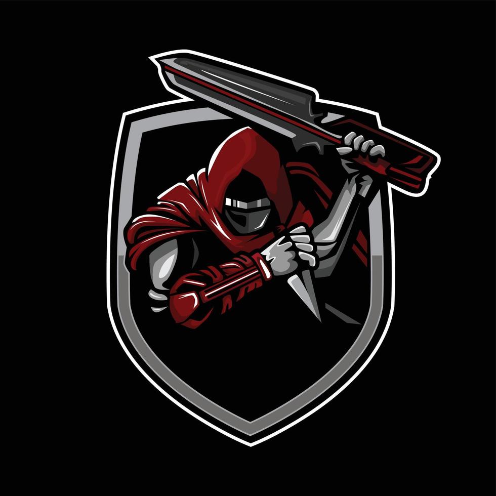 logotipo del emblema vectorial de un ninja con una capucha que sostiene una espada y un kunai vector