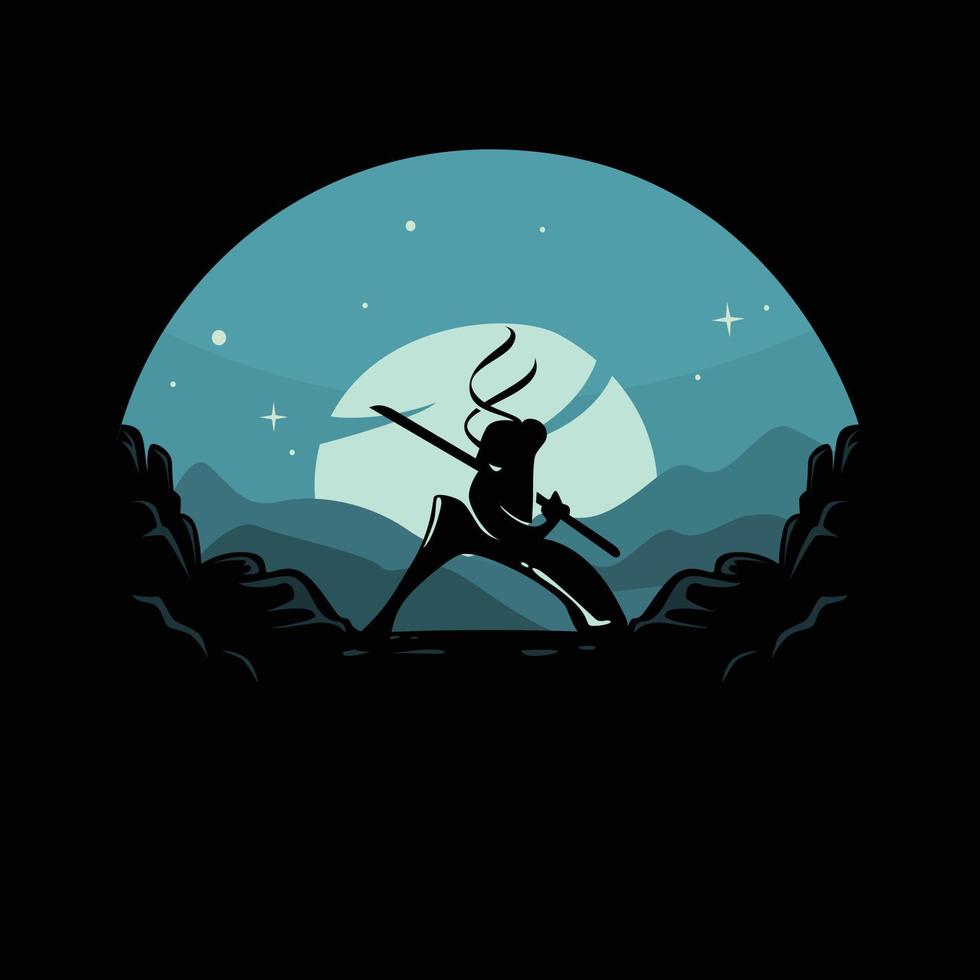 silueta ninja con fondo de montaña y puesta de sol vector