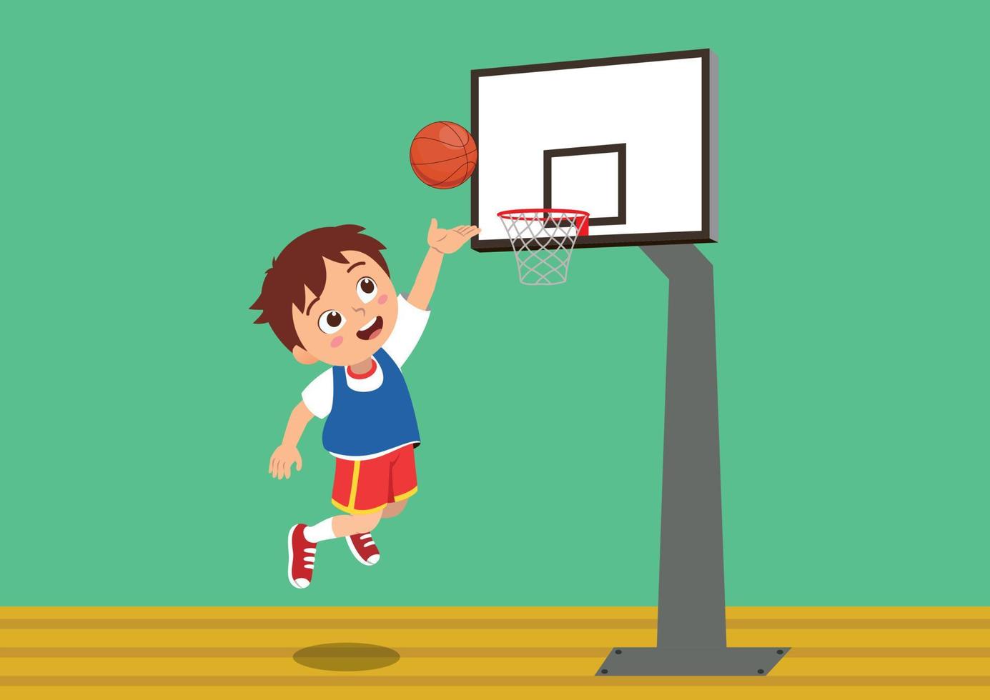 ilustración vectorial de un niño feliz que juega al baloncesto. niño que está jugando al baloncesto vector