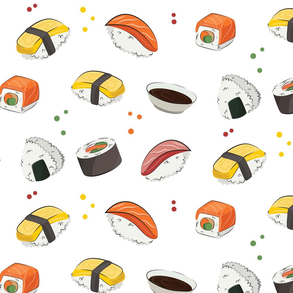 cocina japonesa, comida. ilustración plana de patrón vectorial aislada sobre fondo blanco. rollos de sushi onigiri salsa de soja conjunto de patrones sin fisuras. imagen de stock. para menús de restaurantes y carteles. entrega vector