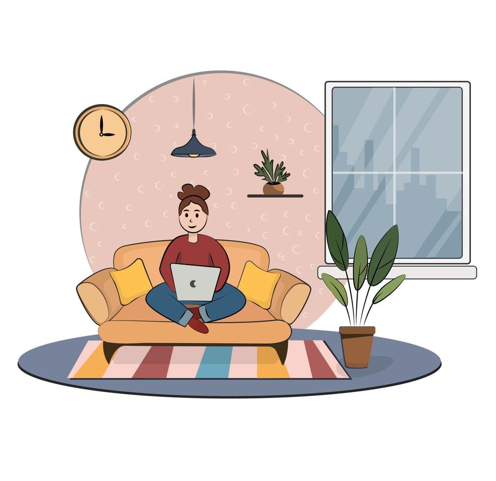 young girl woman on sofa in lotus position with laptop stay at home work study freelance, quarantine, pandemic, home office isolated on white background stock vector illustration