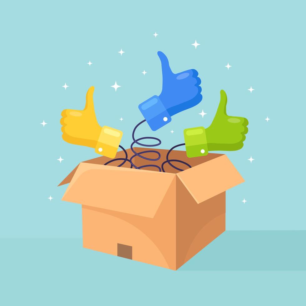 Opened cardboard, carton box with thumbs up isolated on blue background. 3d isometric package, gift, surprise with confetti. Testimonials, feedback, customer review concept. Vector design