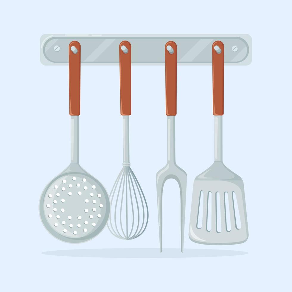 Kitchen accessories. Flipper, strainer, spatula, ladle. Vector design