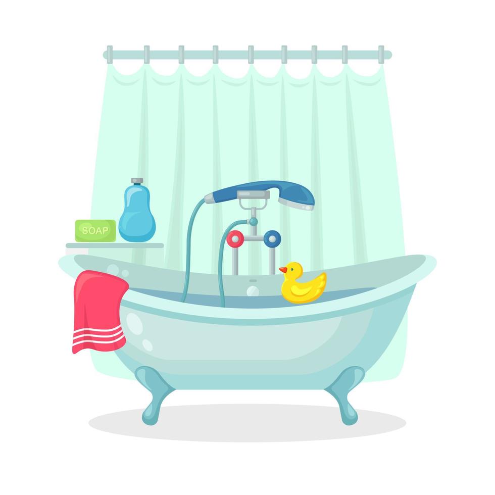 Bath full of foam with bubbles isolated on background. Bathroom interior. Shower taps, soap, bathtub, rubber duck and pink towel. Comfortable equipment for bathing and relaxing. Vector design
