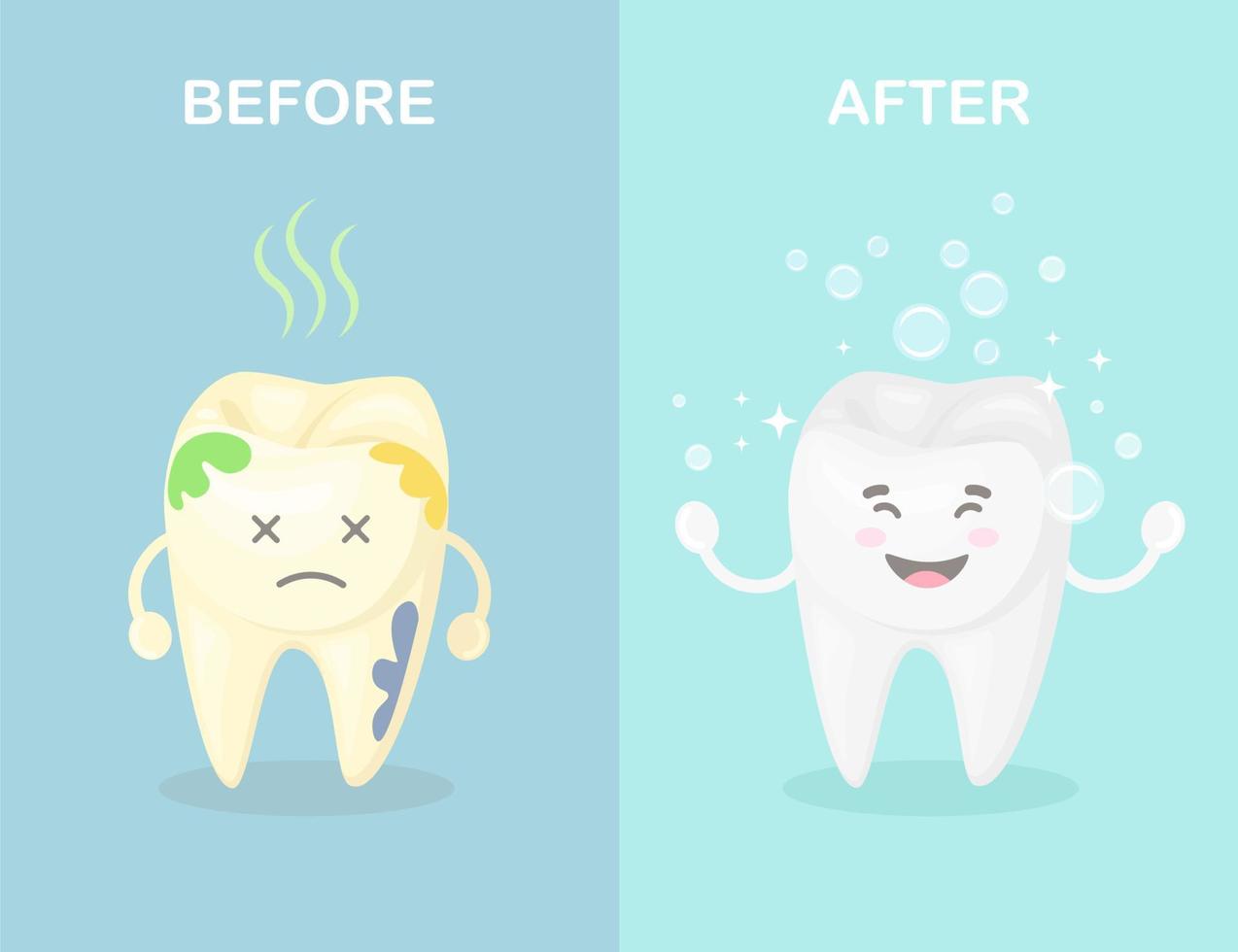 Cleaning and whitening teeth. White happy tooth and yellow moody tooth cartoon characters in flat design. Tooth before and after whitening. Oral dental hygiene vector