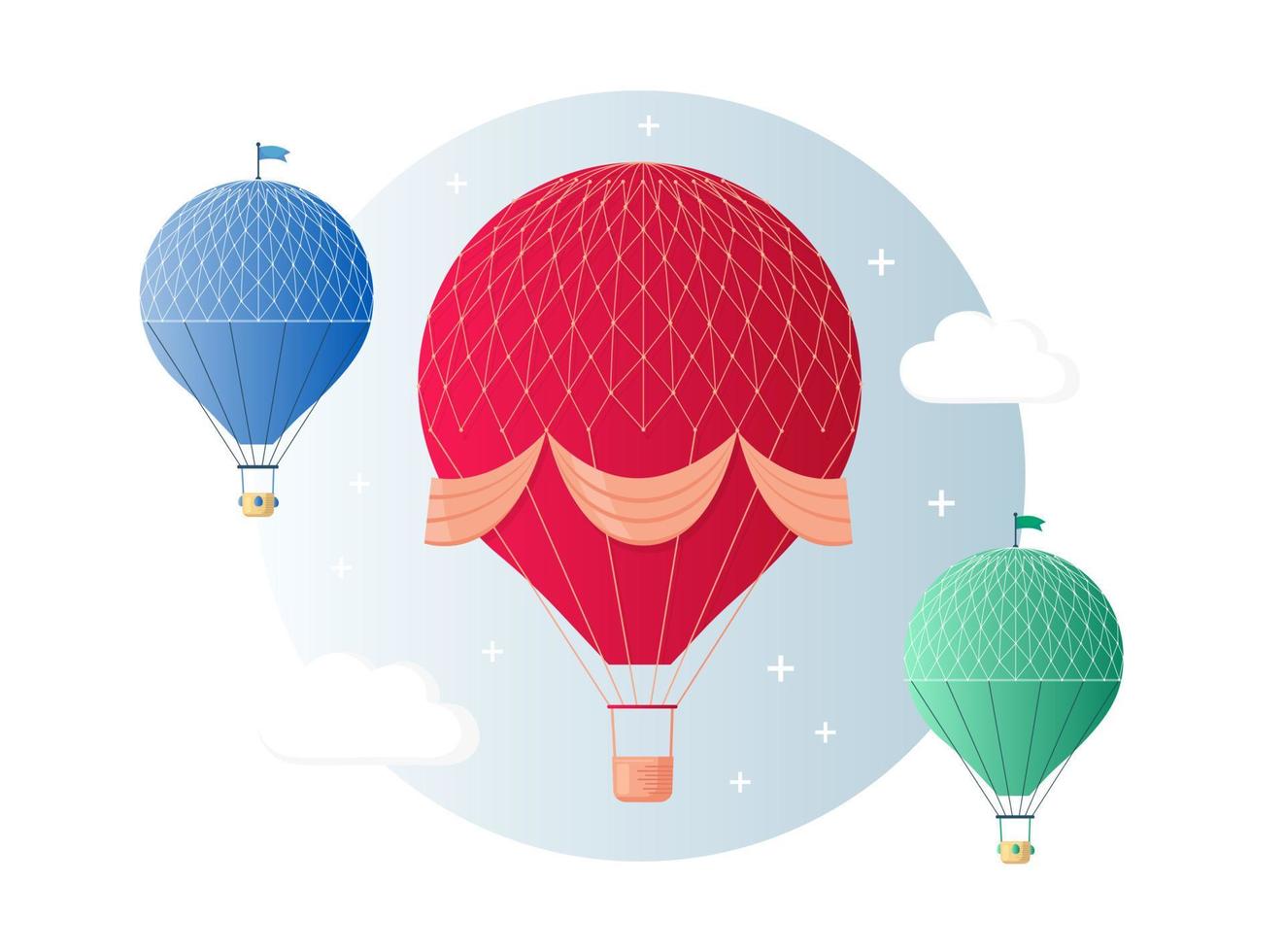 Conjunto de globo de aire caliente retro vintage con canasta en cielo aislado sobre fondo. diseño de dibujos animados de vector