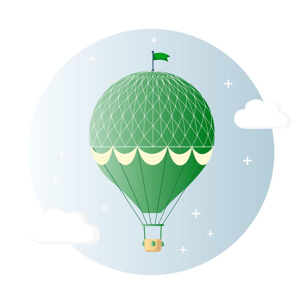 Vintage retro hot air balloon with basket in sky isolated on background. Vector cartoon design