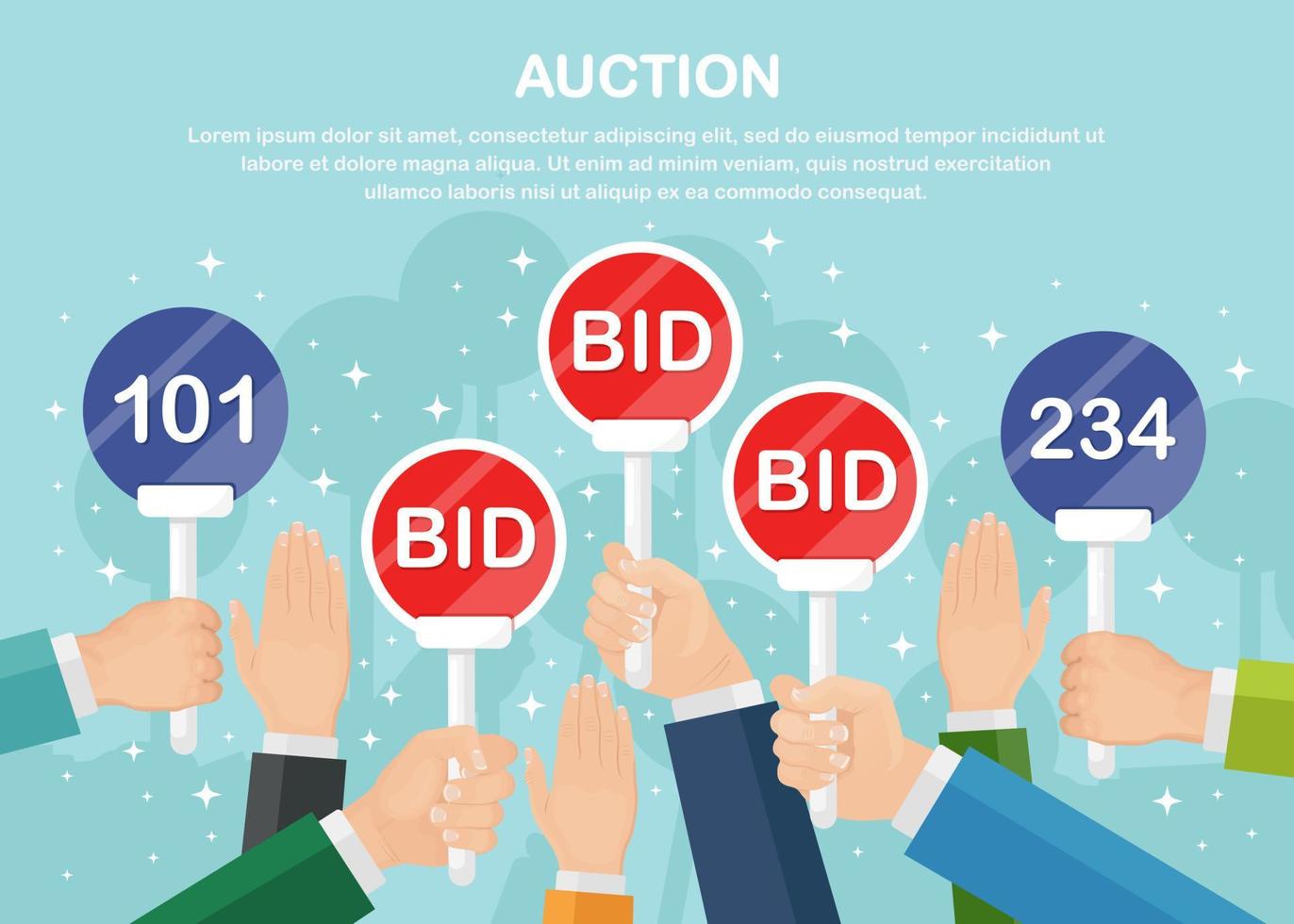Businessman hold auction paddle in hand. Bidding concept. People rise signs with BID inscriptions. Vector design