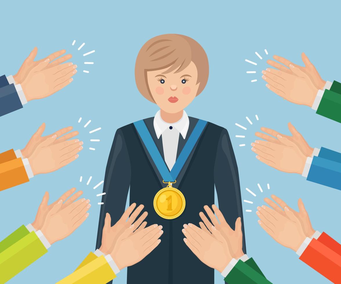 Applause, ovation, claps to winner. Woman with a gold medal waving her hands to audience vector