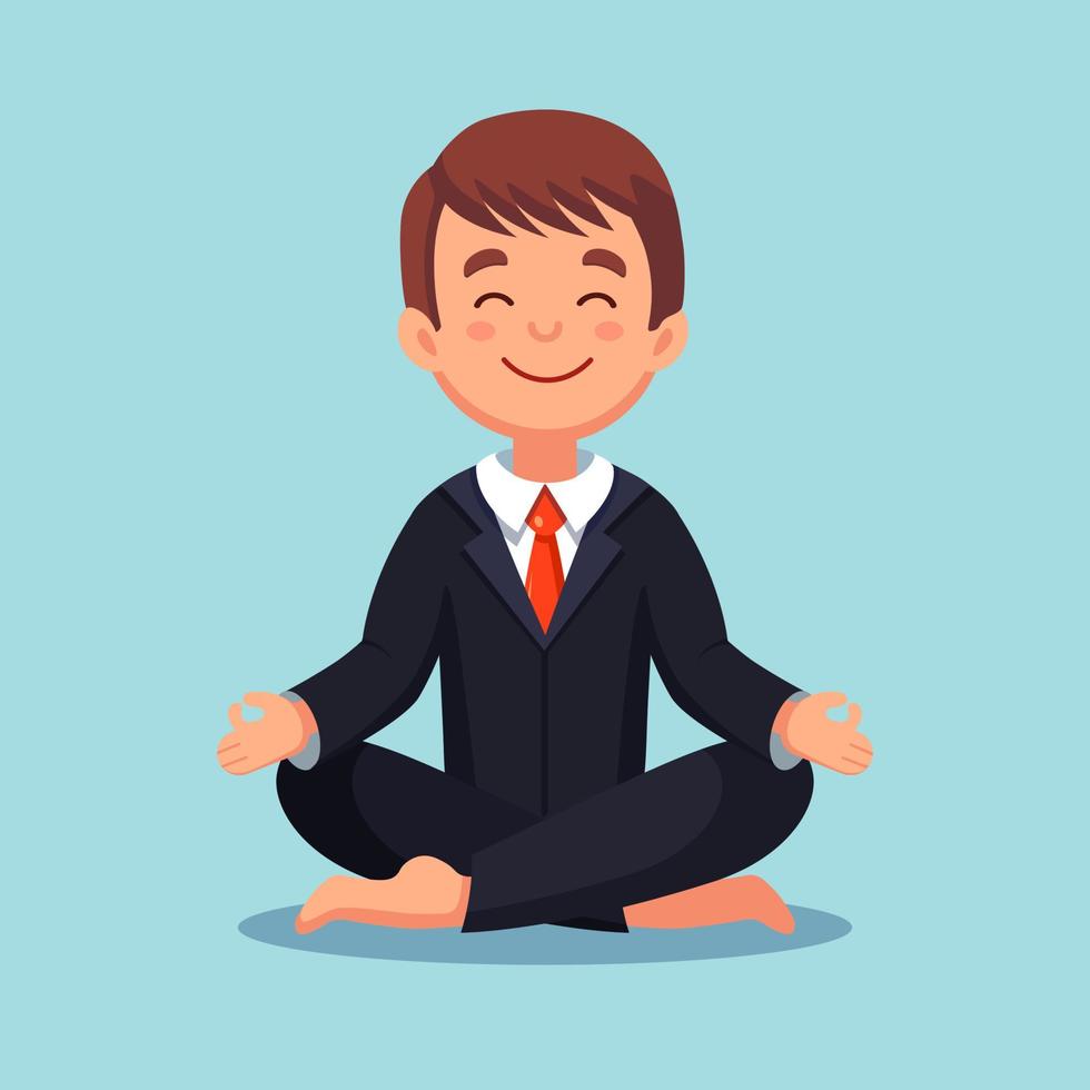 Business man doing yoga. Worker sitting in padmasana lotus pose, meditating, relaxing, calm down and manage stress vector
