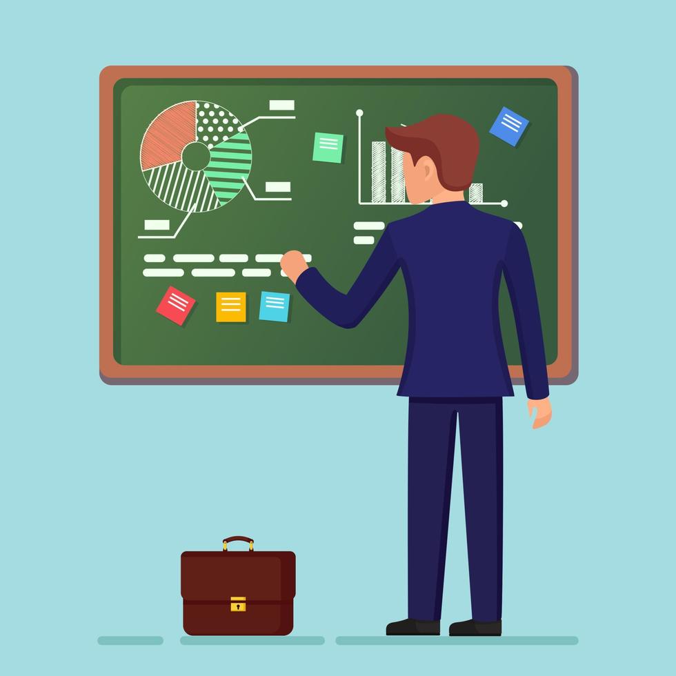 Man stands at blackboard. Business analysis, data analytics, research statistic, planning. Graph, charts, diagram on chalkboard. People analyze, plan development, marketing. Vector flat design