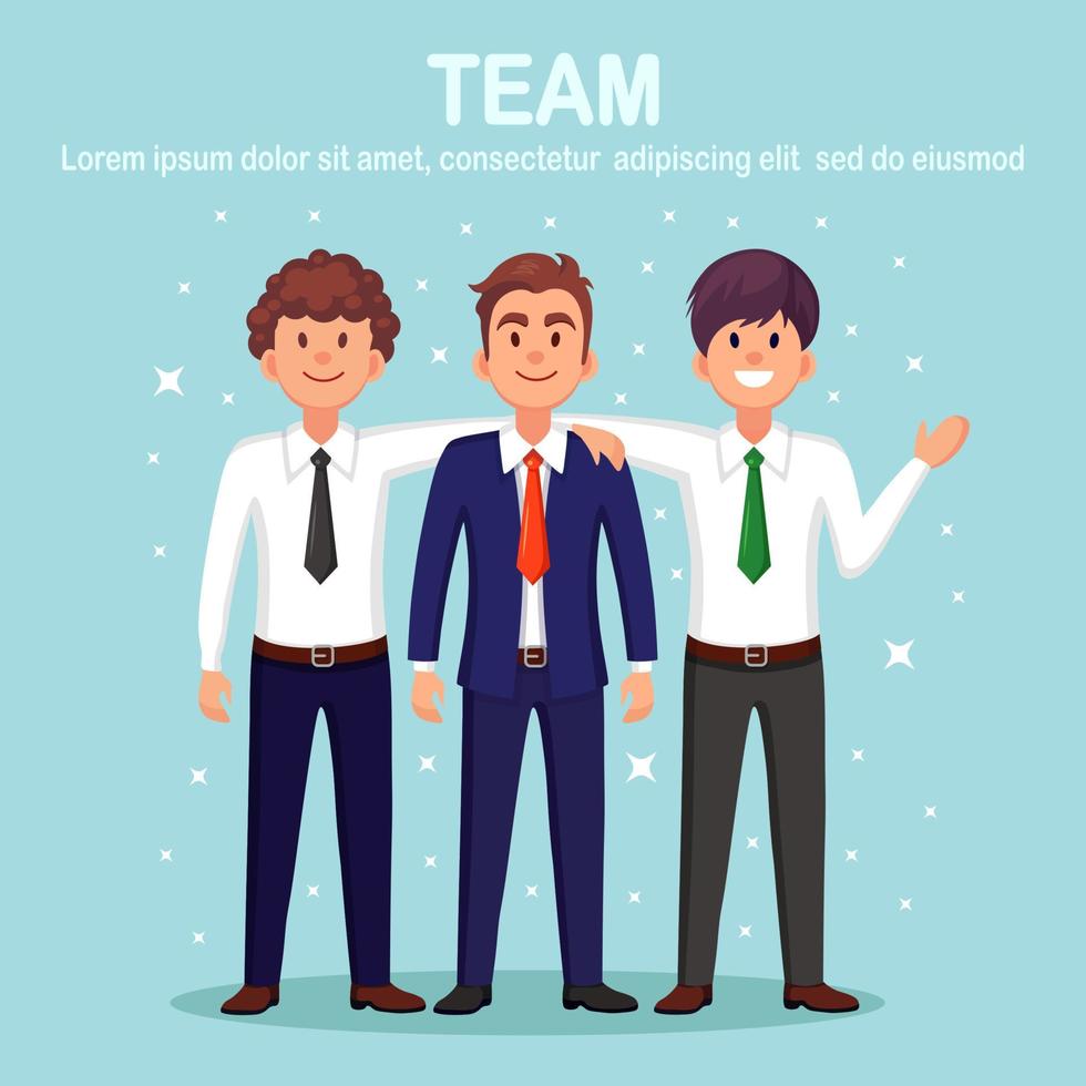 Happy friends. Business people hug and smile. Friendship of colleagues. Vector design