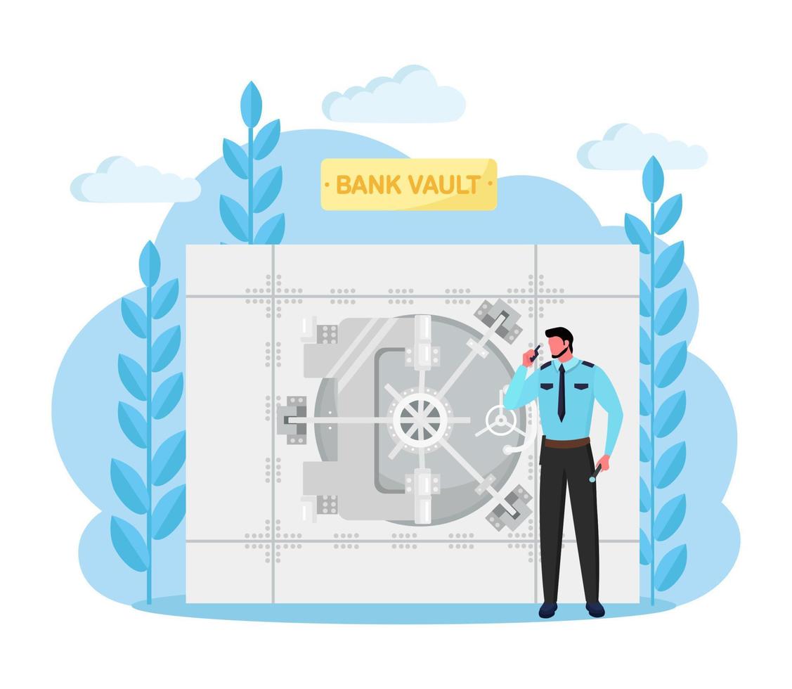 bóveda de banco con guardia oficial, puerta de la sala de seguridad con sistema de bloqueo. dinero seguro. almacenamiento bancario aislado sobre fondo blanco. protección de cajas de depósito, moneda. diseño vectorial vector