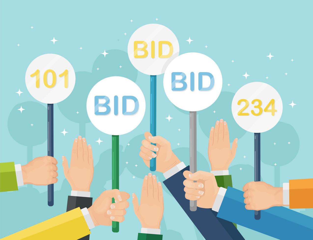 Businessman hold auction paddle in hand. Bidding, auction competition concept. People rise signs with BID inscriptions. Business trade process. Vector design