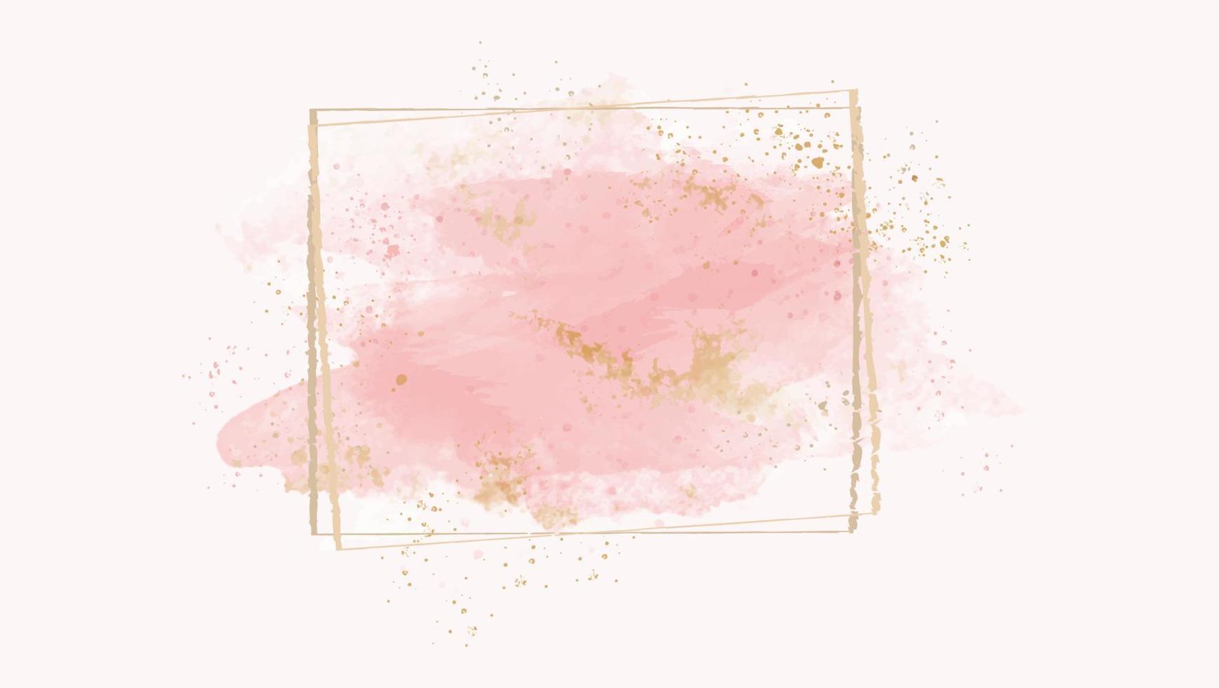 Pink watercolor and gold frame. Abstract vector background.