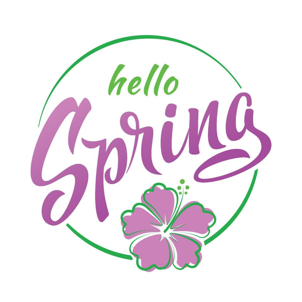 Hello Spring hand sketched circle logotype with flower. Spring lettering floral banner template in trendy colors. vector