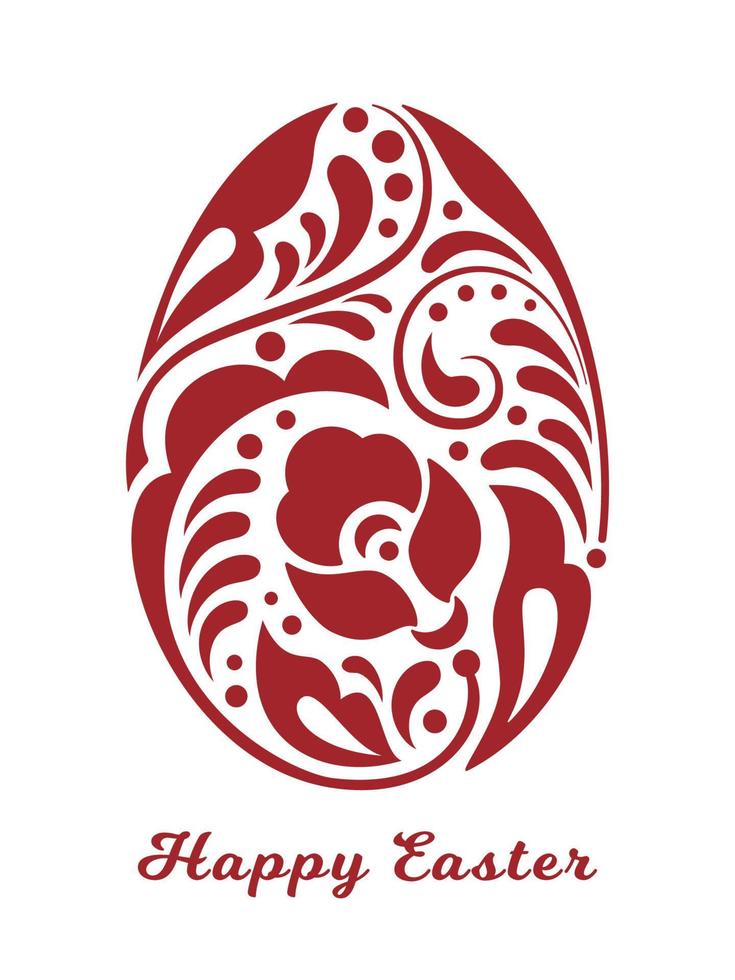 Vector easter egg in traditional russian folk style in red color with sign Happy Easter. Template for a poster, cards, banner, invitation, flyer.  Ethnic floral ornament