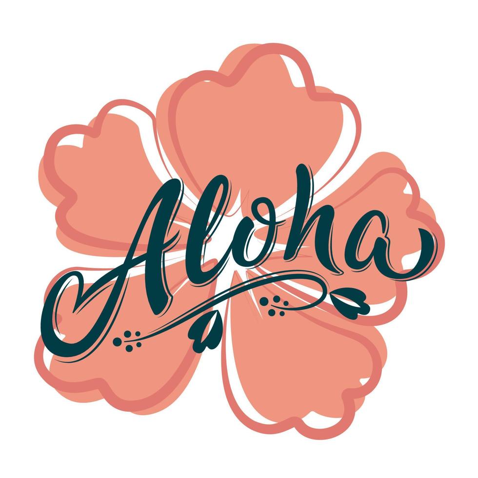 aloha hand lettering texto con flor de hibisco vector