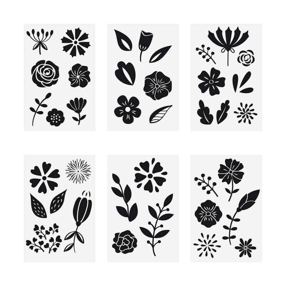 Collection of decorative flowers. Set of flat stylized flowers. Black silhouette flowers, leaves and branches. Vector isolated illustration