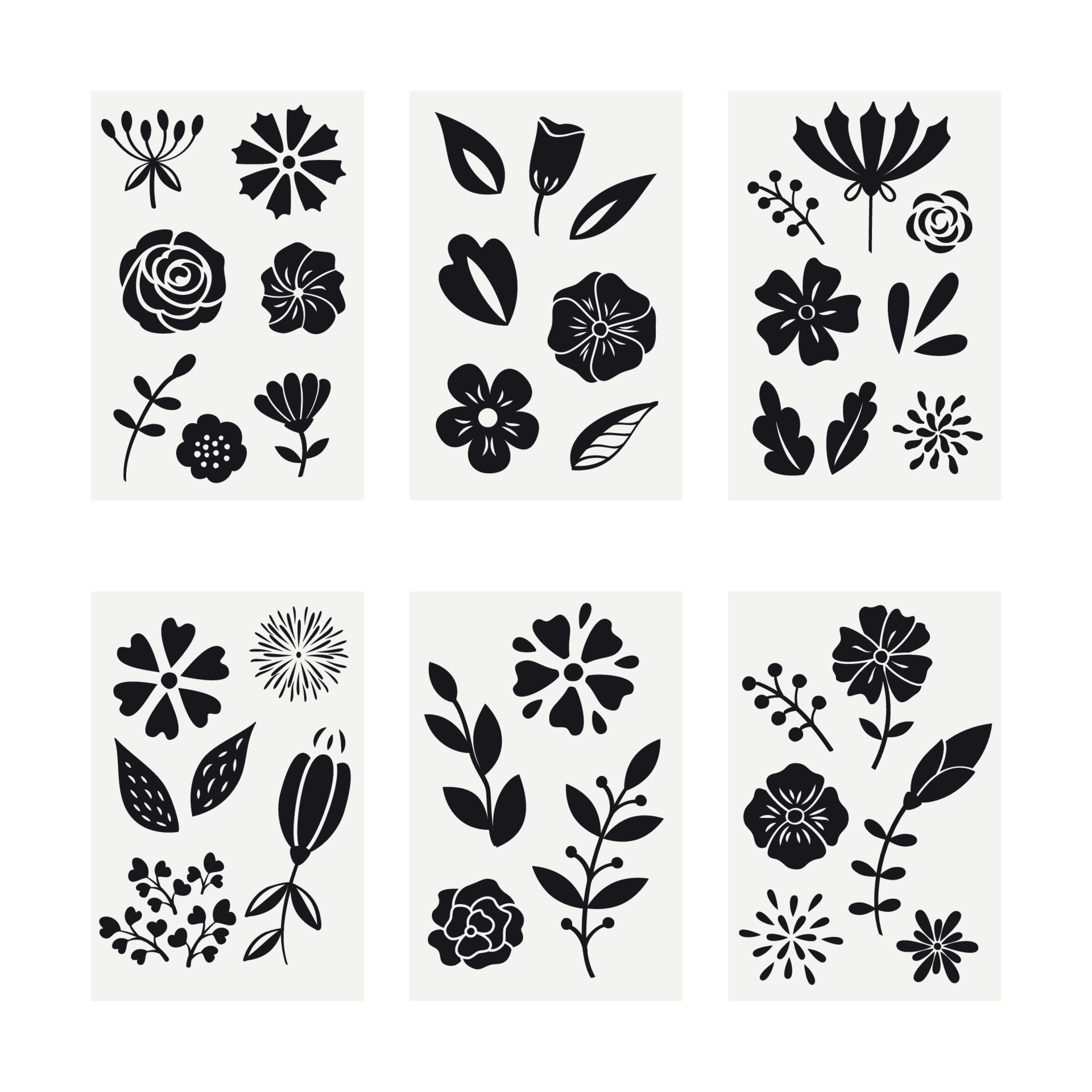 Collection of decorative flowers. Set of flat stylized flowers. Black