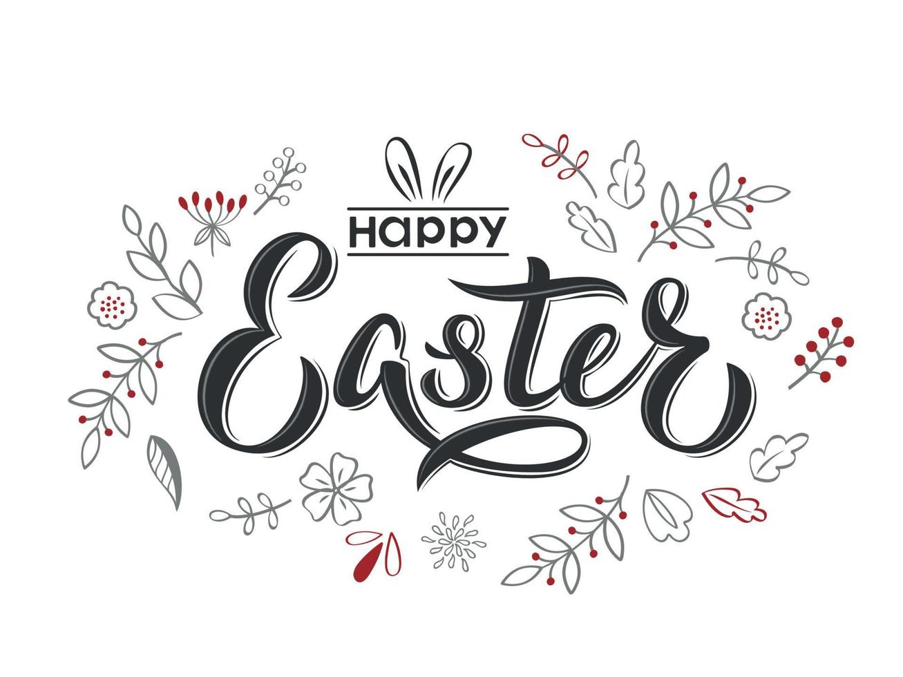 Happy Easter text hand lettering with flowers and branches. Happy Easter sign with bunny ears. For Easter logotype, badge, postcard, card, invitation, poster, banner, email. vector