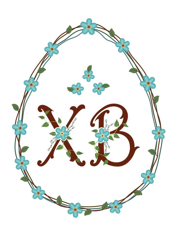 Russian easter with floral wreath. Vector Orthodox Easter illustration. Russian abbreviation letters for Christ is Risen with forget-me-not flowers and willow branches.