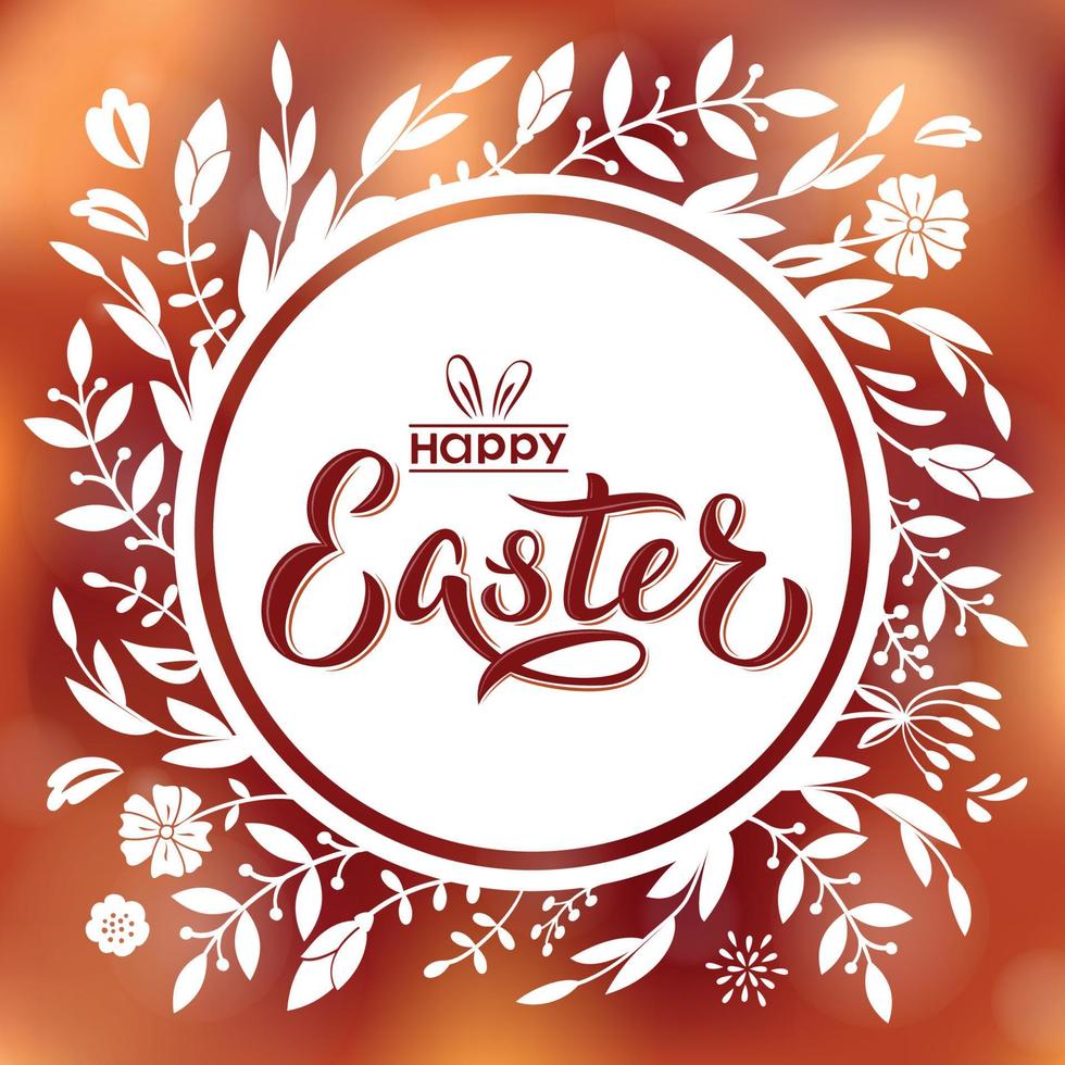 feliz diseño de tarjeta de pascua con texto de letras a mano y marco redondo de rama. cartel de Pascua feliz con orejas de conejo. para logotipo de pascua, placa, postal, invitación, afiche, pancarta. vector