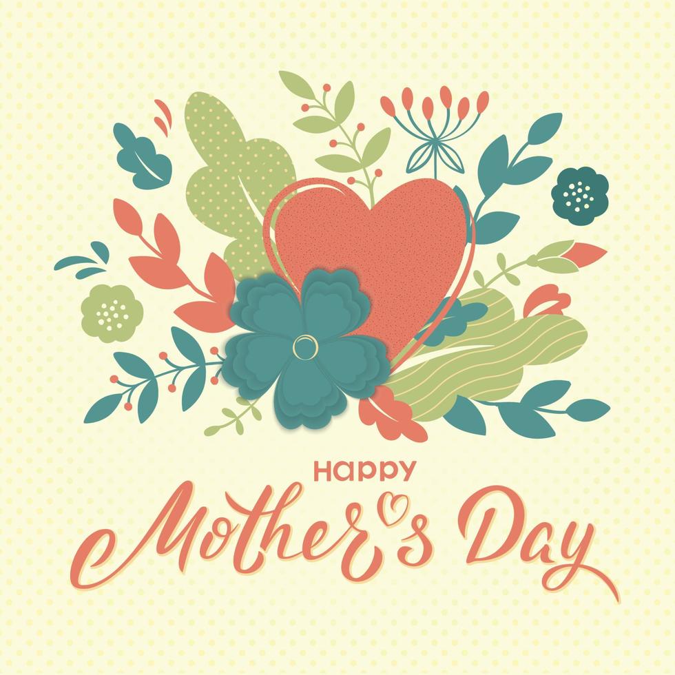 Happy Mother's day card design with hand lettering text and flowers, branches, heart. Mothers day sign for postcard, invitation, poster, banner, email, web pages, greeting card. vector