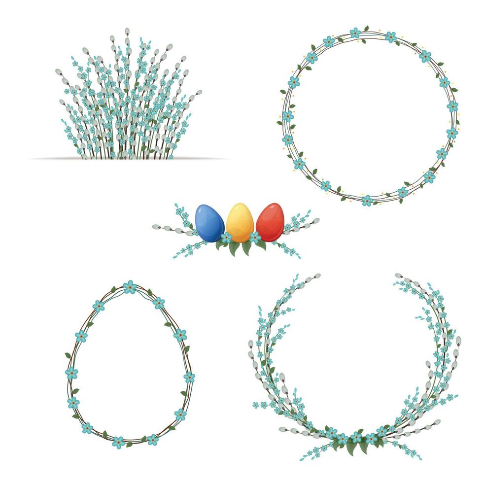 Easter floral wreath set with colored eggs. Spring set with willow and forget-me-not flowers. Isolated on white background. vector