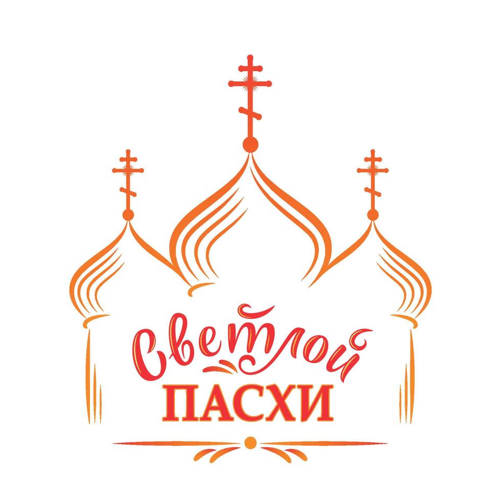 Russian easter template. Vector illustration with russian inscription Christ is risen and Russian orthodox church. Vector illustration with lettering in sun tones