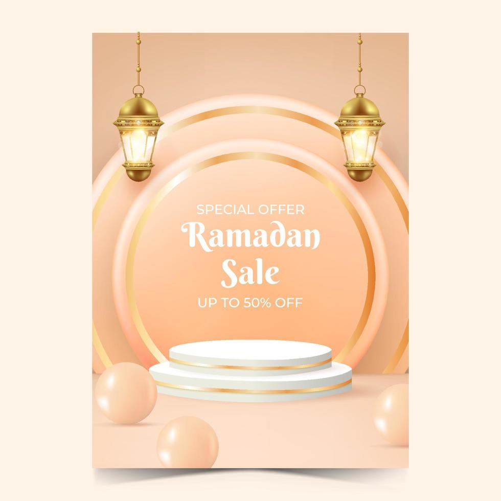 realistic ramadan background with podium for promotion. ramadan kareem sale poster design. vector