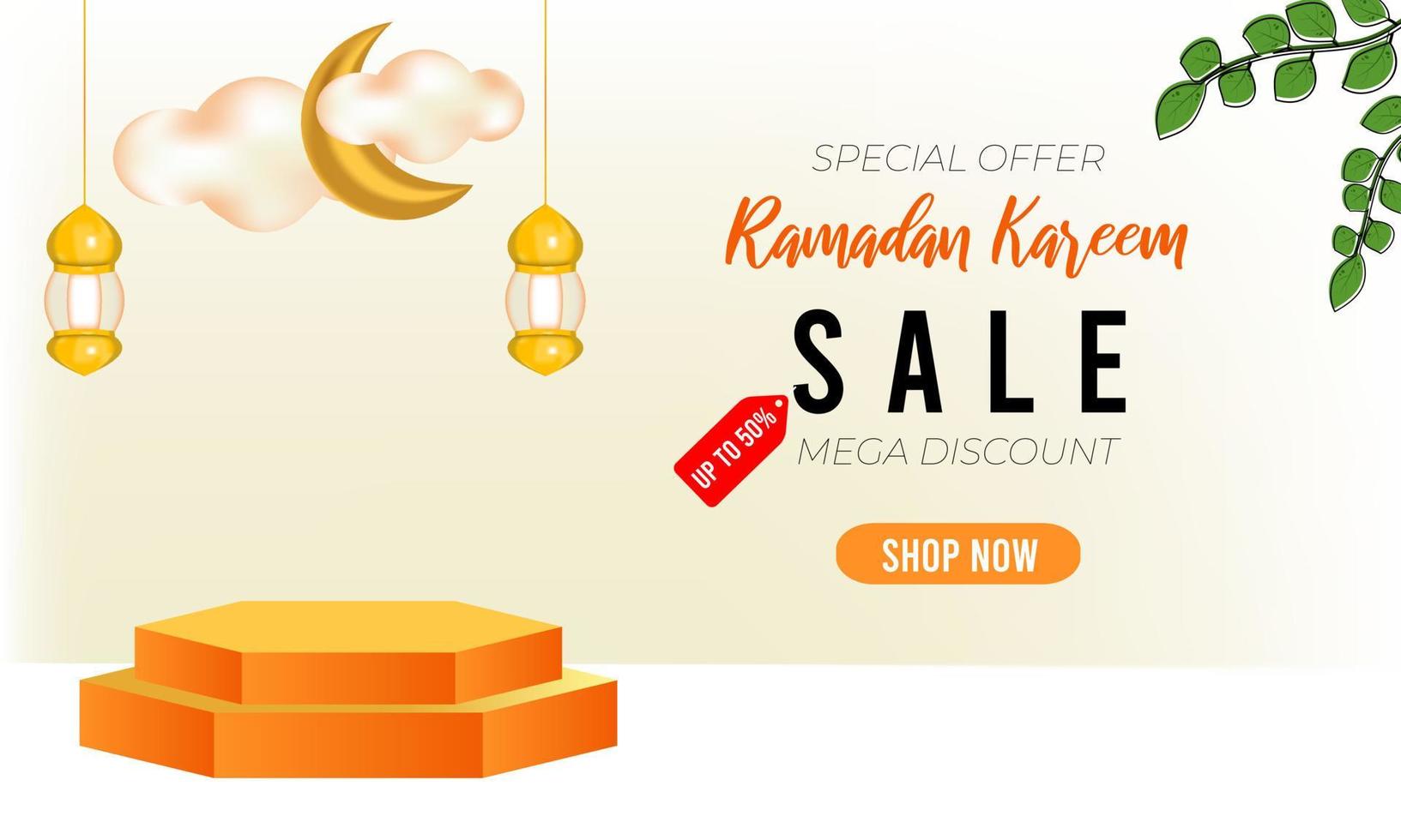 3d ramadan sale banner with 3d podium, 3d lantern and 3d clouds vector