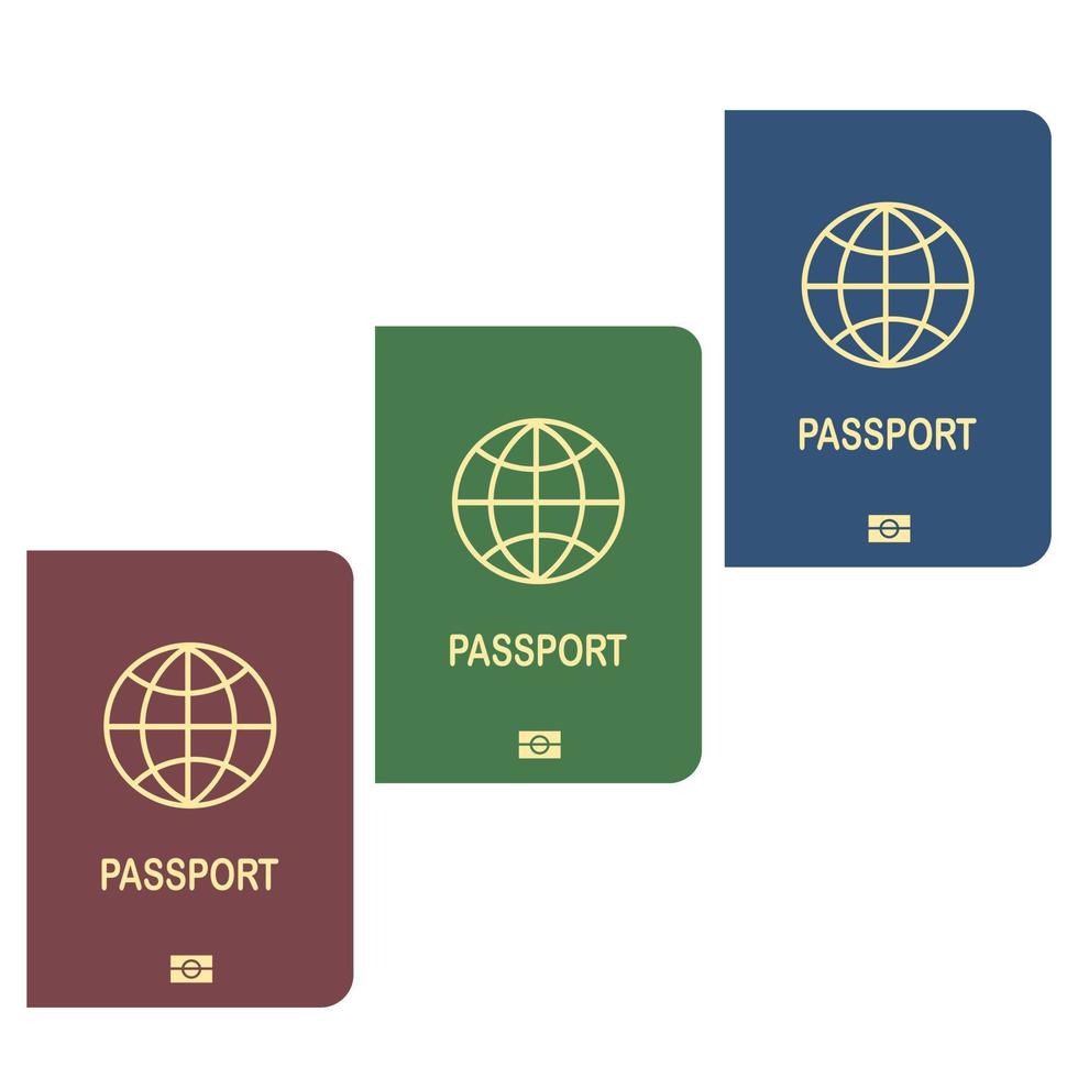 3 colores diferentes de pasaportes en fondo blanco. vector